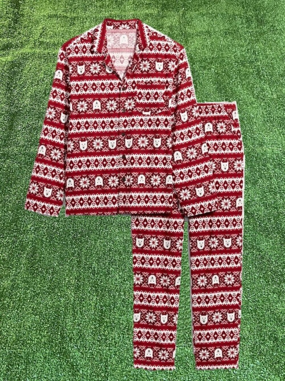 Old Navy Men's Big XXL Red Bear Fair Isle Flannel Pajama Set Matching Sleepwear